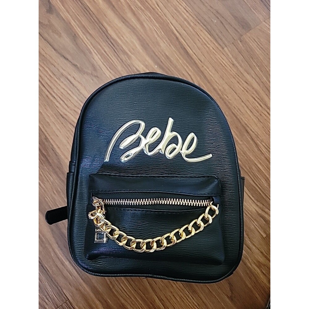 BEBE Women’s Gianna Backpack Black With Gold Accents Chain NEW Loop Handle